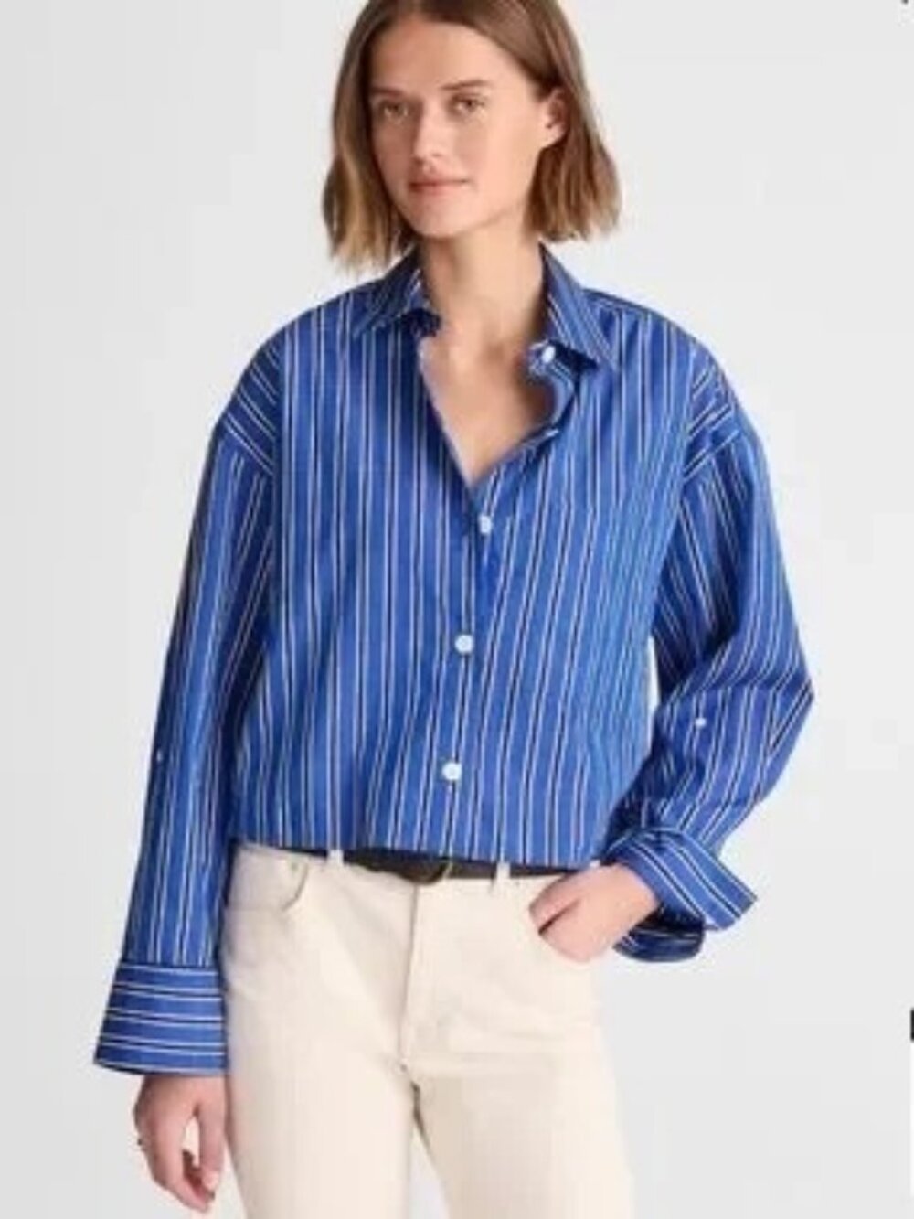 Madewell Women's Straight Hem Shirt in Poplin Blue Black Boxy Cotton Size S NWT